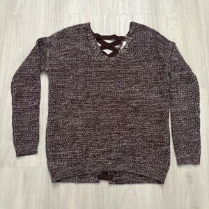 SO Heritage Womens Sweater Pullover Burgundy Marled Knit Lace Up Back Size L